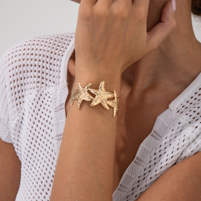 European and American Cross-Border Beach Vacation Style Starfish Conch Bracelet for Women Exaggerated Metallic Texture Rough Shell Open Bangle