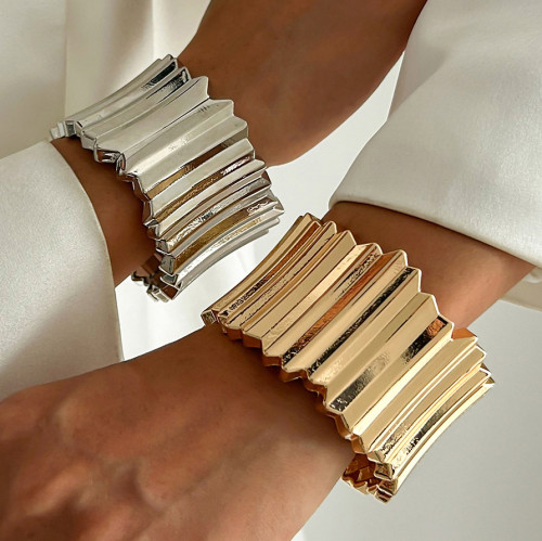 European and American Cross-Border Exaggerated Metal Wide Spring Bracelet Punk Style Vertical Pattern Bracelet for Women