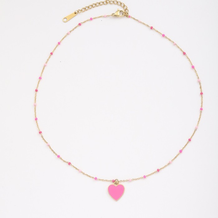 Cross-Border Hot Selling Light Luxury Simple Versatile Heart-Shaped Titanium Steel Plain Chain Oil-Drip Colorful Natural Stone Shell Niche Necklace