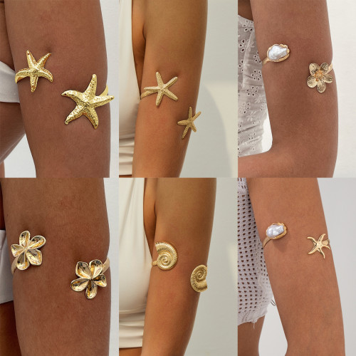 European and American Cross-Border Jewelry Beach Metallic Starfish Open Arm Bracelet Personality Flower Adjustable Arm Ring Set