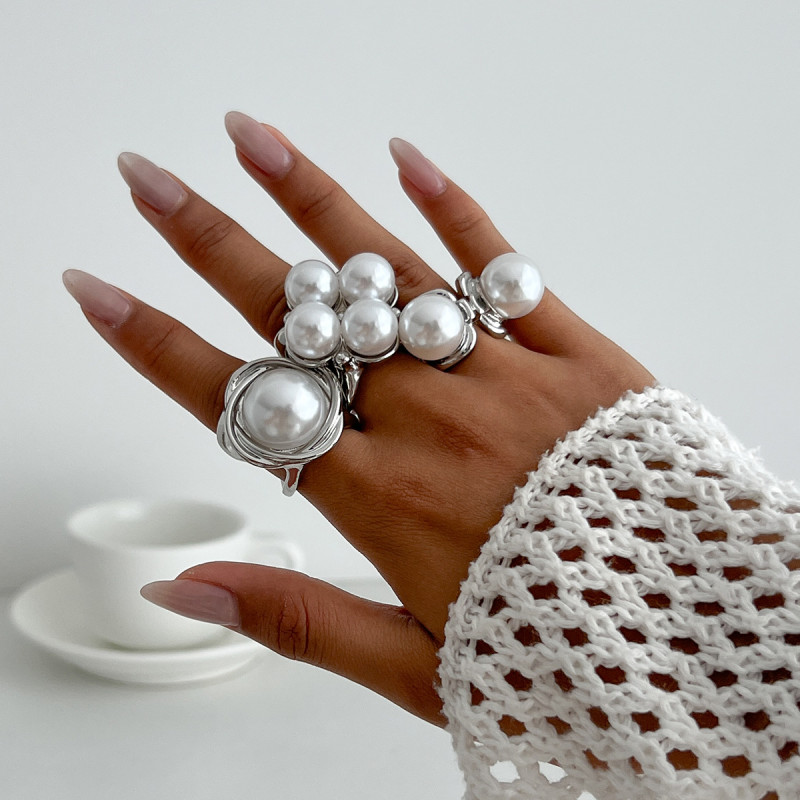European and American Cross-Border Jewelry Baroque Metal Ring Set Ins Style Imitation Pearl Hollow Joint Ring