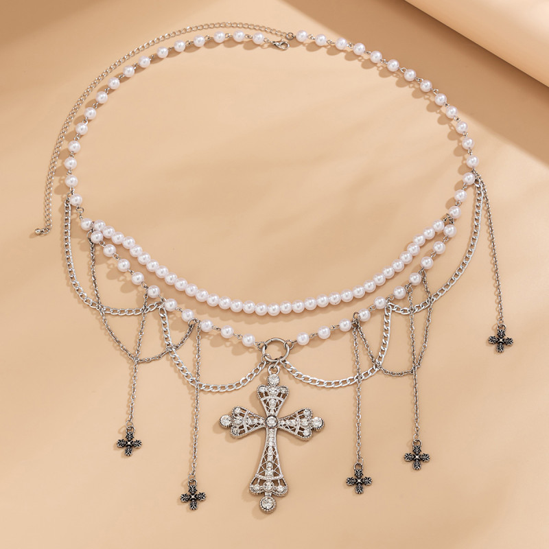 European and American Cross-border Cross Tassel Waist Chain for Women, Decorative Body Chain, Imitation Pearl Vintage Beaded Waist Chain