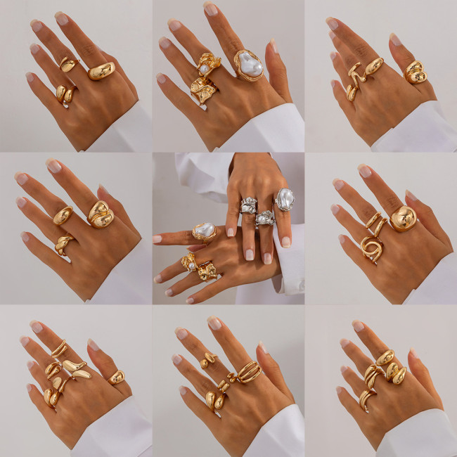 European and American Cross-Border Sweet Cool Ins Style Geometric Baroque Pearl Ring Set Personality Liquid Metal Smooth Ring