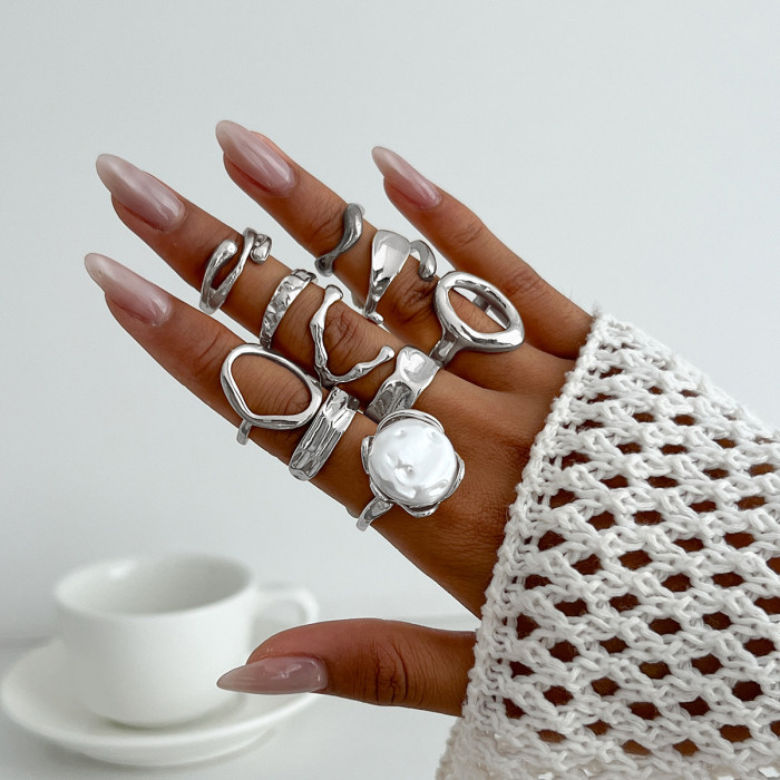 European and American Cross-Border High-End Photosensitive Surface Water Drop Hug Ring Set Baroque Imitation Pearl Open Joint Ring