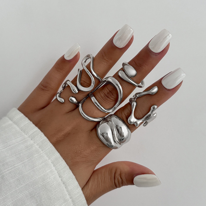 European and American Cross-Border Jewelry Design Glossy Water Drop Hug Open Ring Personality Irregular Geometric Joint Ring