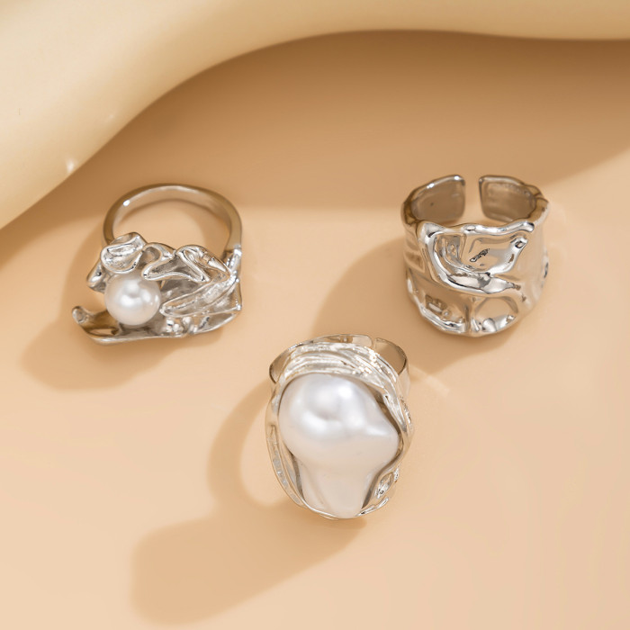 European and American Cross-Border Sweet Cool Ins Style Geometric Baroque Pearl Ring Set Personality Liquid Metal Smooth Ring