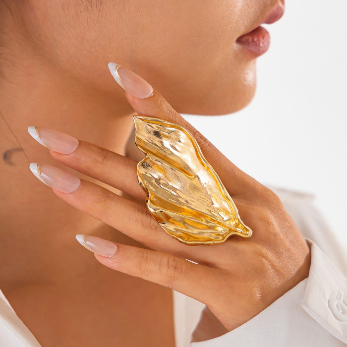 European and American Cross-Border Jewelry Exaggerated Leaf Alloy Wrinkle Ring Ins Style Three-Dimensional Five-Leaf Flower Ring Set
