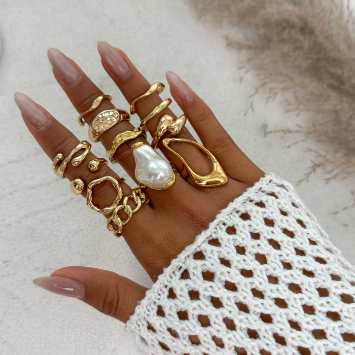 European and American Cross-Border High-End Photosensitive Surface Water Drop Hug Ring Set Baroque Imitation Pearl Open Joint Ring