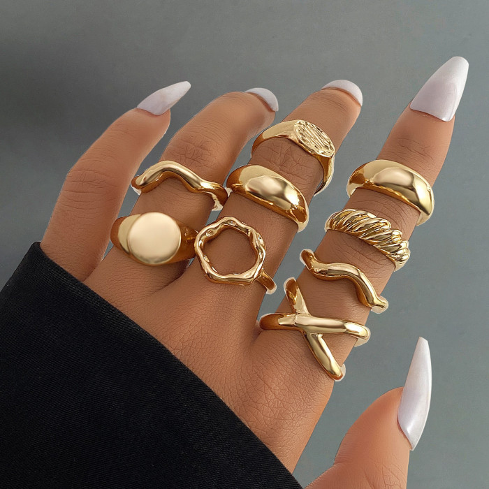 European and American Cross-Border Eco-Friendly Personality Exaggerated Gold Lava Line Irregular Water Drop Smooth Ring Set 15 Pieces