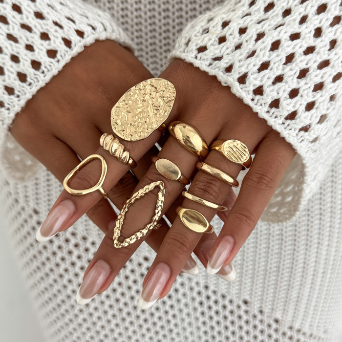 European and American Cross-Border Jewelry INS Style Metal Glossy Water Drop Ring Set Fashion Geometric Round Hollow Ring