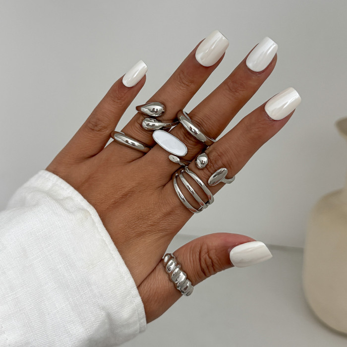 European and American Cross-Border Jewelry INS Style Metal Glossy Water Drop Ring Set Fashion Geometric Round Hollow Ring