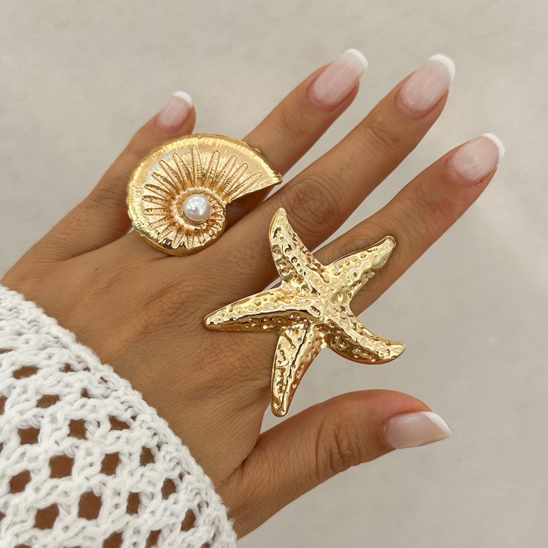 European and American Cross-Border Jewelry Vacation Style Starfish Alloy Ring Beach Imitation Pearl Adjustable Ring