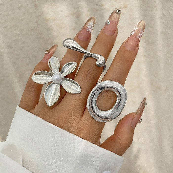 European and American Cross-Border INS Minimalist Style Irregular Water Drop Open Ring Fashion Texture Flower Pearl Ring