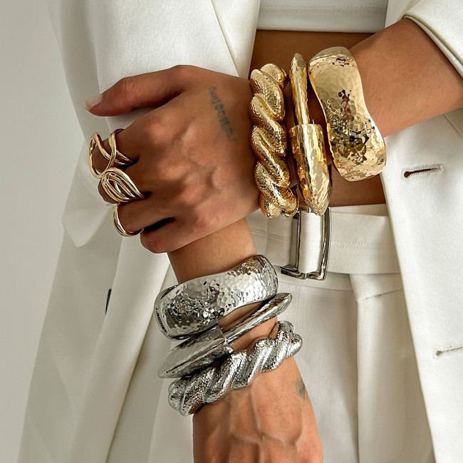 European and American Cross-Border Jewelry Exaggerated Wide Edge Smooth Hammer Pattern Bracelet Irregular Alloy Bracelet Set