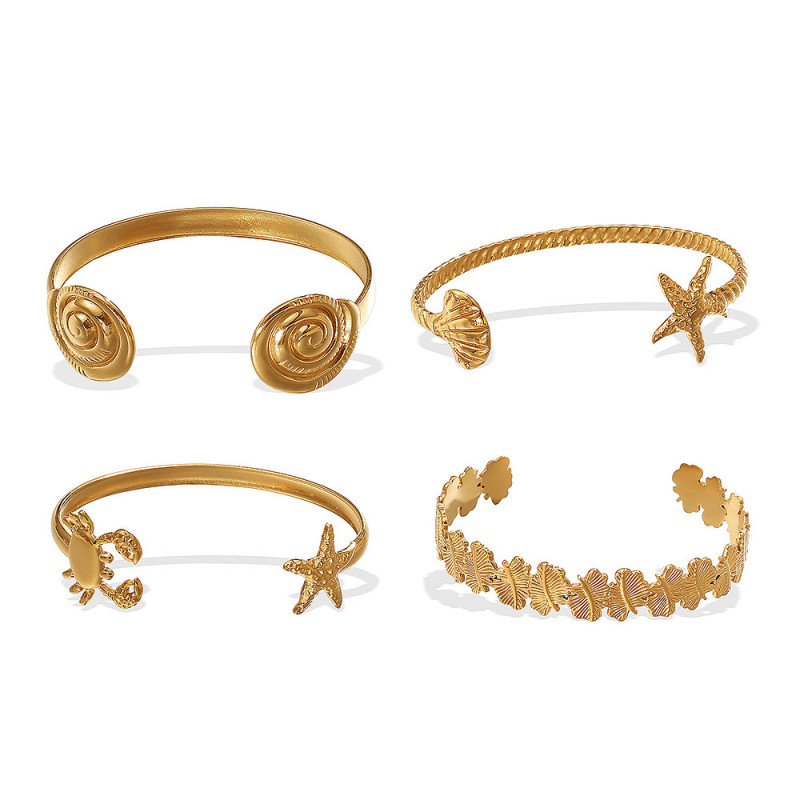 European and American Cross-Border Hot-Selling Ocean Style Stainless Steel Open Bracelet Summer Beach Shell Starfish Conch Crab Bracelet