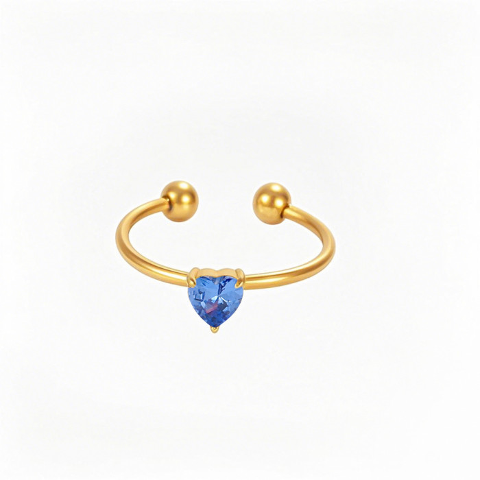 Hot Item 12 Colors Birthstone Peach Heart Zircon Open Stainless Steel Ring Jewelry Wholesale