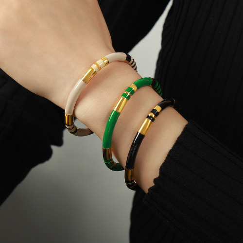 Cross-Border New Light Luxury Style Bamboo Joint Titanium Steel Bracelet for Women French Minimalist Enamel Open Stainless Steel Bracelet Bangle