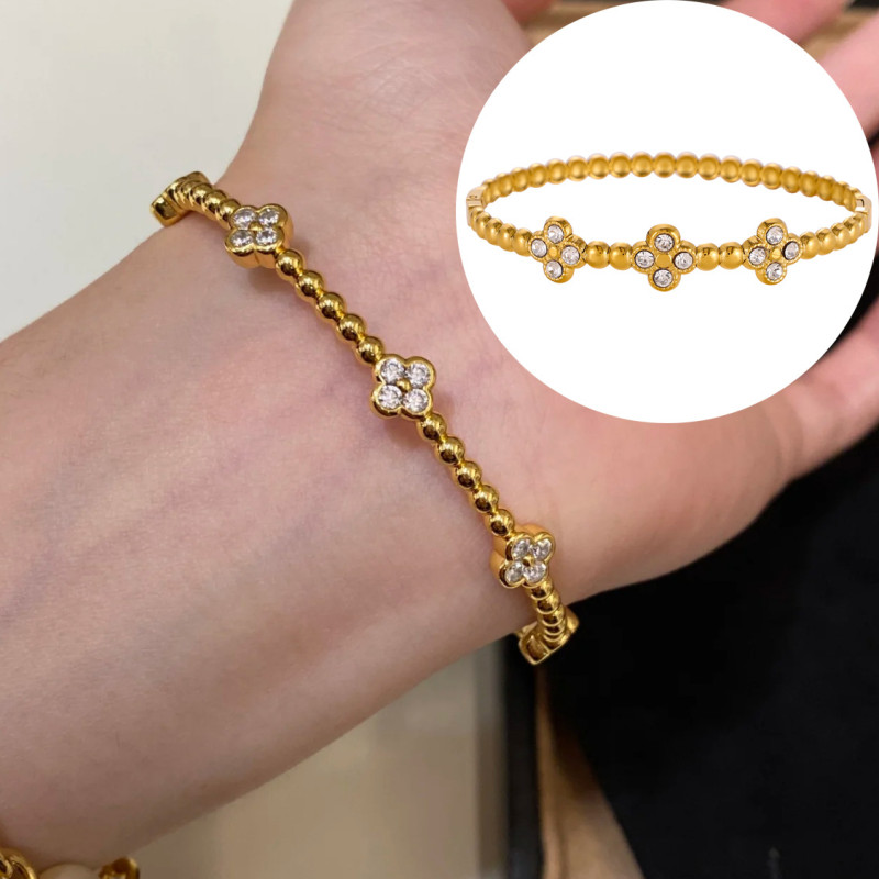 Light Luxury Style Fortune Pearl Four-Leaf Flower Bracelet for Women Elegant Exquisite Inlaid Zircon Design Versatile Personality Open Bracelet