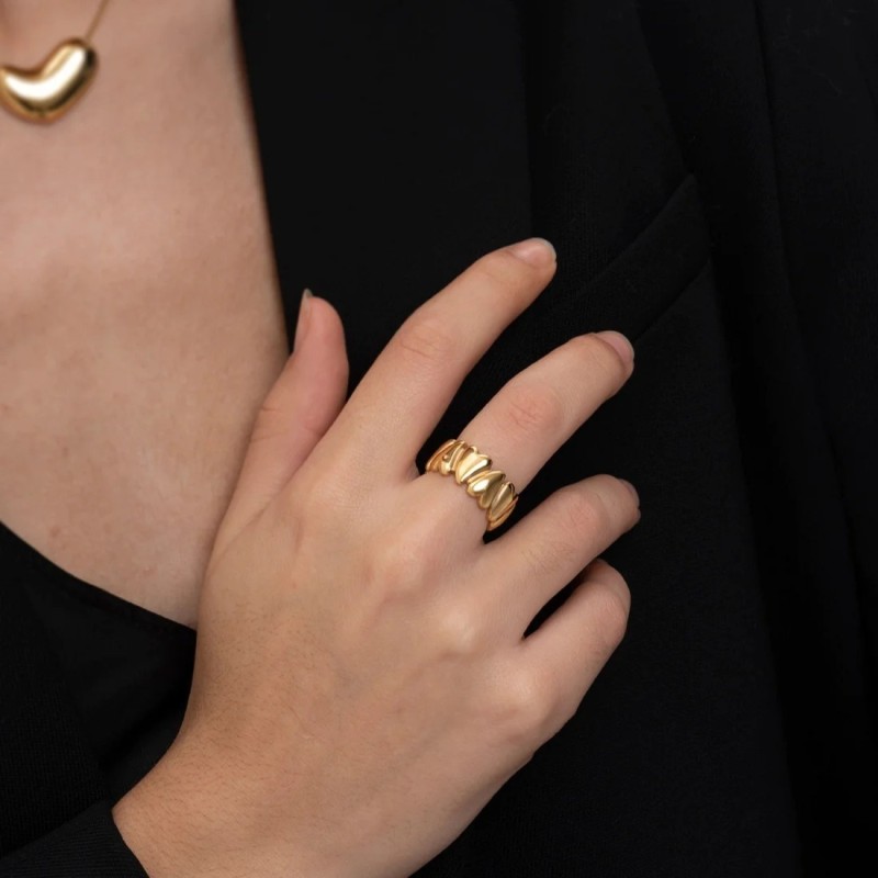 INS 18K Gold Exaggerated Style Stainless Steel Closed Ring European and American Light Luxury High-end Jewelry Wholesale Heart Design