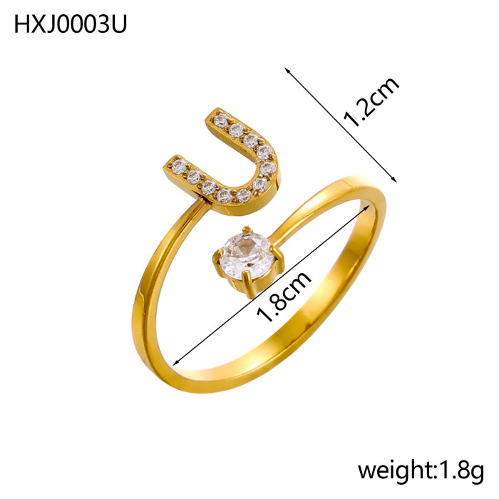 Style 26 Fully Stone-Set English Alphabet Open Rings Zircon CNC Inlaid Titanium Steel Vacuum Plated Non-Fading