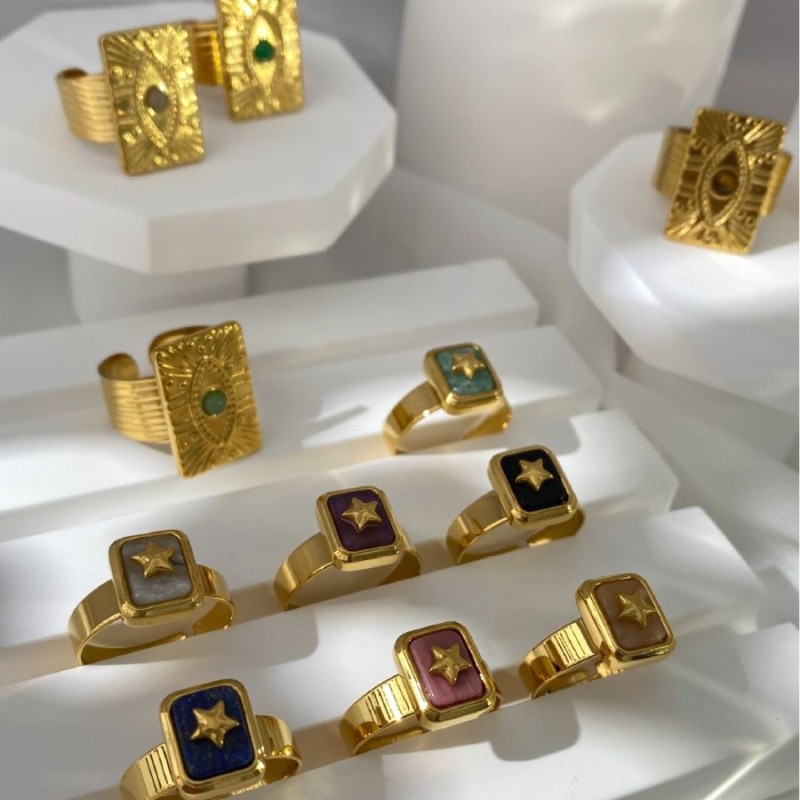 European and American Niche Style Popular Rings Stainless Steel Plated Summer Colorful Mother-of-Pearl Coconut Tree Square Sign Rings Wholesale