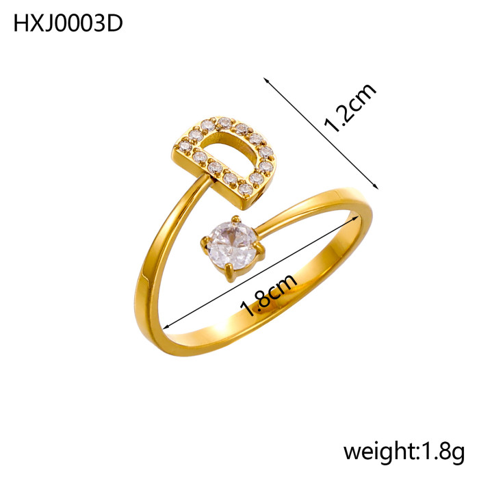 Style 26 Fully Stone-Set English Alphabet Open Rings Zircon CNC Inlaid Titanium Steel Vacuum Plated Non-Fading