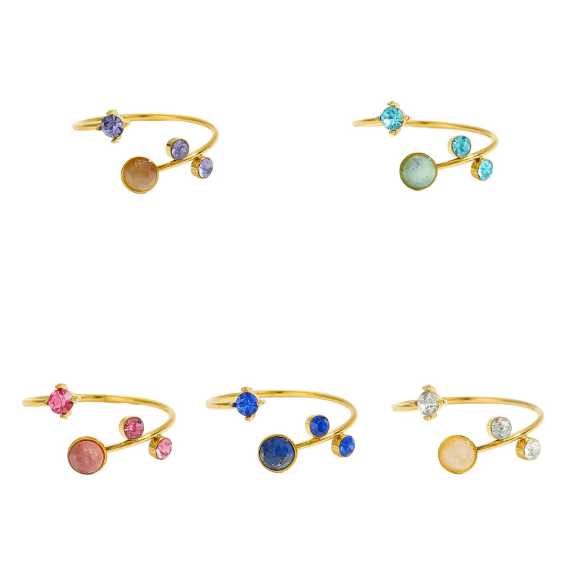 European and American Cross-Border Source French Style Gemstone Round Line Wrapped Geometric Bracelet Ring Set Adjustable Opening