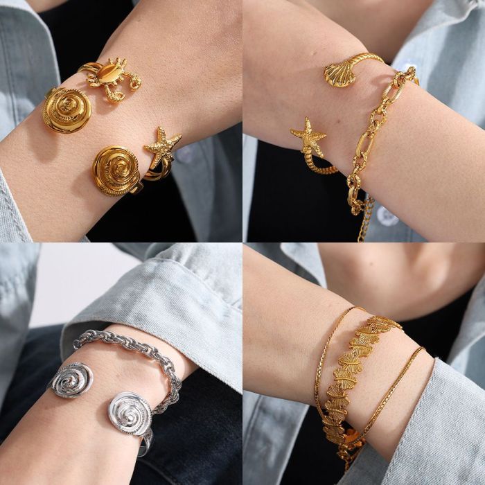Hot-Selling Ocean Style Stainless Steel Open Bracelet Summer Beach Shell Starfish Conch Crab Bracelet