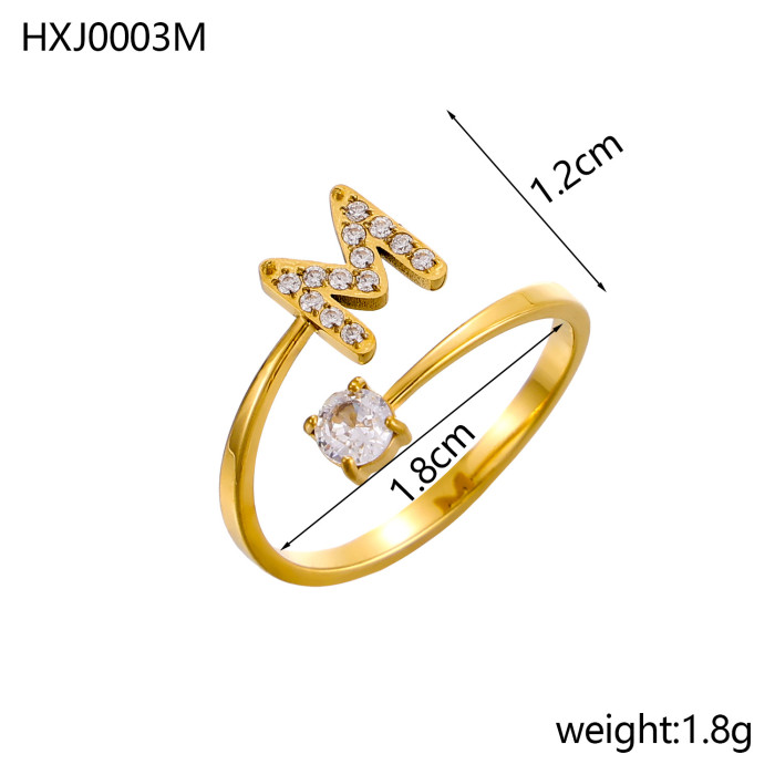 Style 26 Fully Stone-Set English Alphabet Open Rings Zircon CNC Inlaid Titanium Steel Vacuum Plated Non-Fading