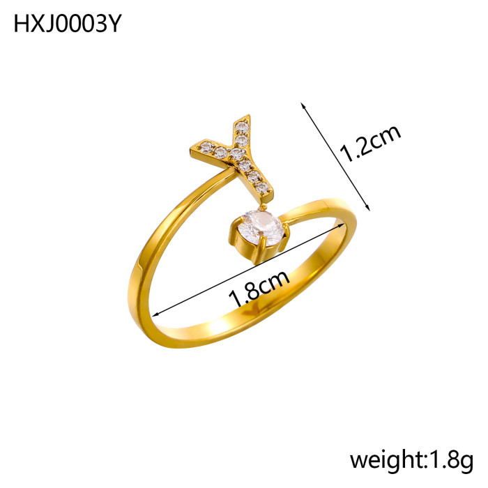Style 26 Fully Stone-Set English Alphabet Open Rings Zircon CNC Inlaid Titanium Steel Vacuum Plated Non-Fading