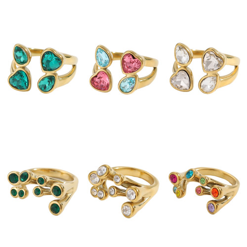 Vintage Niche Casual Style Fashion Three-Layer Multi-Color Zircon Splicing Design Sense Stainless Steel Gold-Plated Open Ring