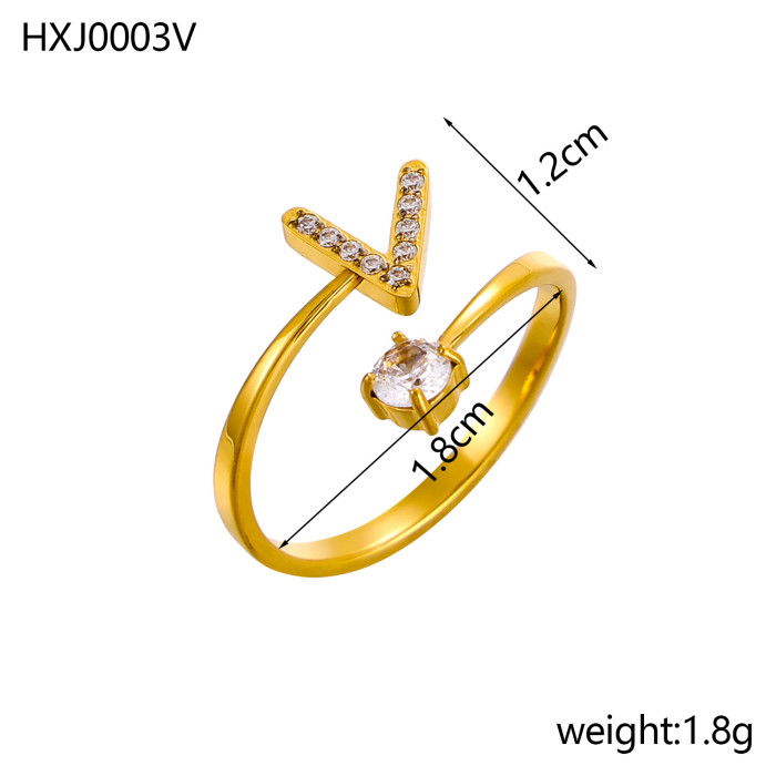 Style 26 Fully Stone-Set English Alphabet Open Rings Zircon CNC Inlaid Titanium Steel Vacuum Plated Non-Fading