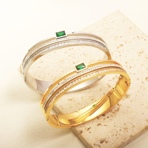 Cross-Border Women's Three Crowns Titanium Steel Bracelet Green Zircon Square Crystal Stainless Steel WeChat Full Diamond Cross-Border Exclusive