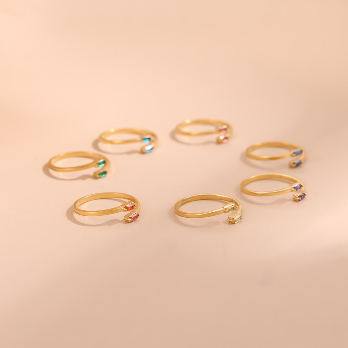 INS Fashion Simple Ring Jewelry for Women Stainless Steel Gold Plated Rectangular Zircon Birthstone Ring Wholesale
