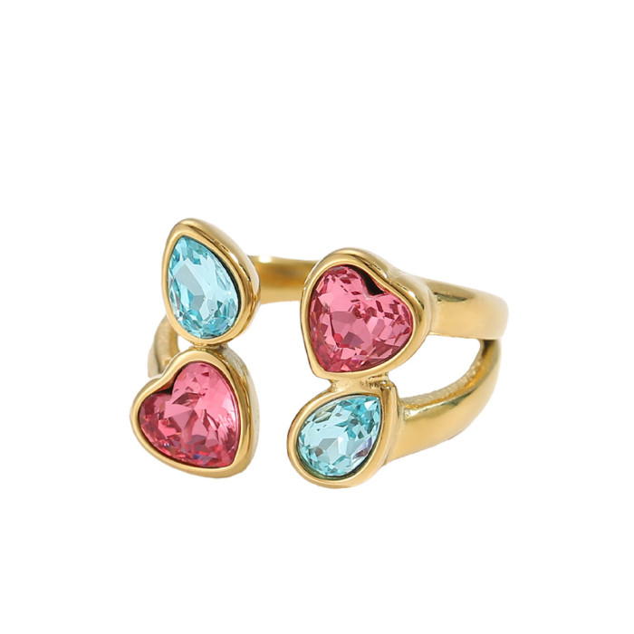 Vintage Niche Casual Style Fashion Three-Layer Multi-Color Zircon Splicing Design Sense Stainless Steel Gold-Plated Open Ring