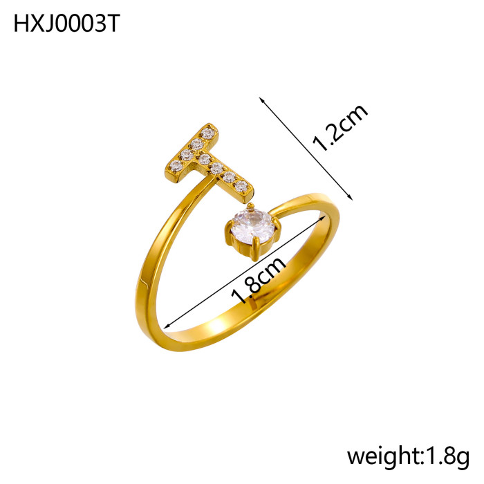 Style 26 Fully Stone-Set English Alphabet Open Rings Zircon CNC Inlaid Titanium Steel Vacuum Plated Non-Fading