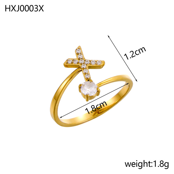 Style 26 Fully Stone-Set English Alphabet Open Rings Zircon CNC Inlaid Titanium Steel Vacuum Plated Non-Fading