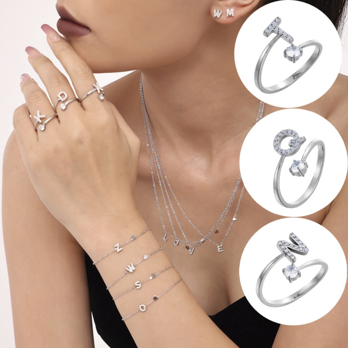 Style 26 Fully Stone-Set English Alphabet Open Rings Zircon CNC Inlaid Titanium Steel Vacuum Plated Non-Fading