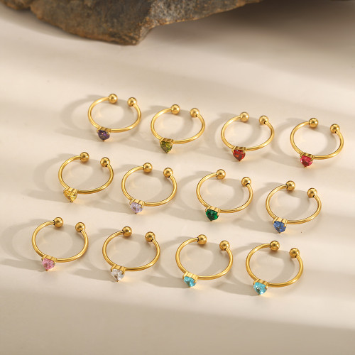 European and American Cross-Border Hot Item 12 Colors Birthstone Peach Heart Zircon Open Stainless Steel Ring Jewelry Wholesale