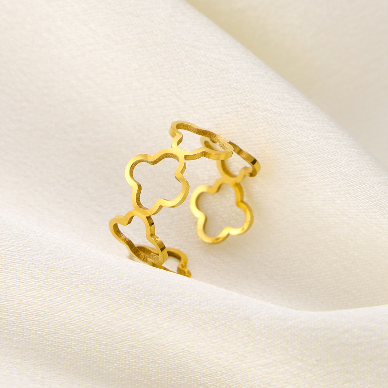 European and American Style Fashion Simple Elegant Versatile Hollow Four-Leaf Clover Flower Open Ring for Women Titanium Steel High-End Feel Ring