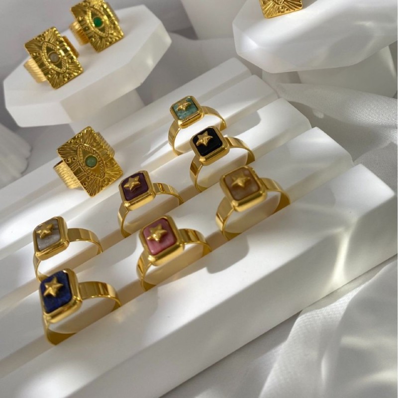 European and American Niche Style Popular Rings Stainless Steel Plated Summer Colorful Mother-of-Pearl Coconut Tree Square Sign Rings Wholesale