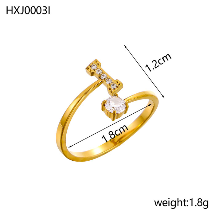 Style 26 Fully Stone-Set English Alphabet Open Rings Zircon CNC Inlaid Titanium Steel Vacuum Plated Non-Fading
