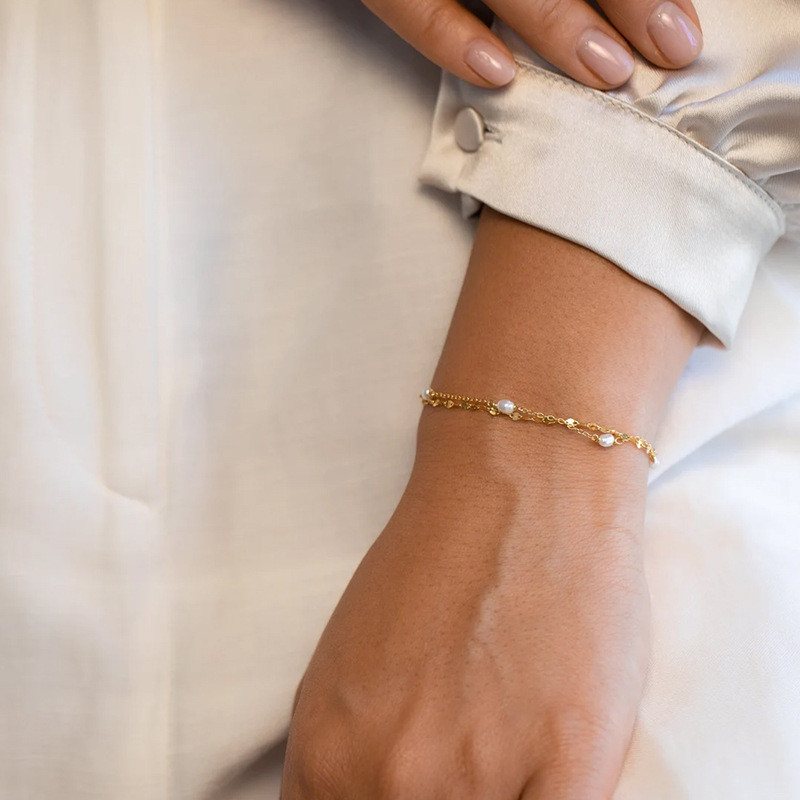 European and American Fashion Jewelry Cross-Border New Pearl Metal Double-Layer Bracelet Classic Versatile High-End Feel Wholesale