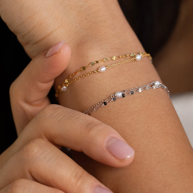 European and American Fashion Jewelry Cross-Border New Pearl Metal Double-Layer Bracelet Classic Versatile High-End Feel Wholesale