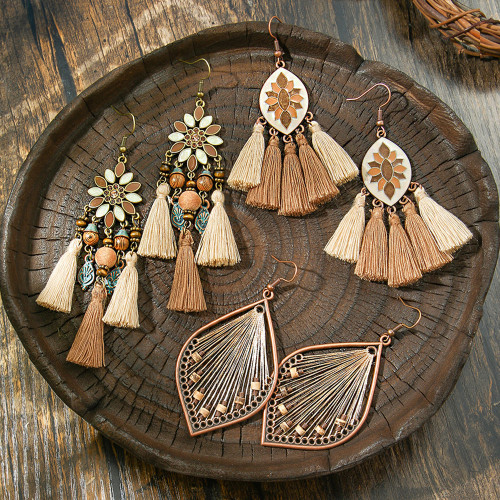 Cross-Border Hot Selling Retro Bohemian Style Earrings Niche Forest Style Handmade Woven Tassel Earrings Manufacturer Wholesale