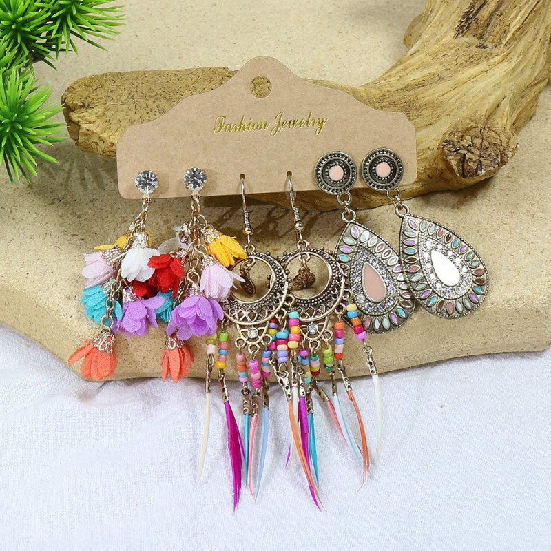 European and American Cross-Border Retro Ethnic Style Long Tassel Earrings Handmade Wrapped Bohemian Flower Drop Earrings for Women