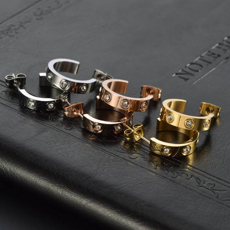 Cross-Border Hot Selling C-Shaped Titanium Steel Earrings Screw Stud Fashion Earrings with Drill Open Daily Tassel Versatile National Style