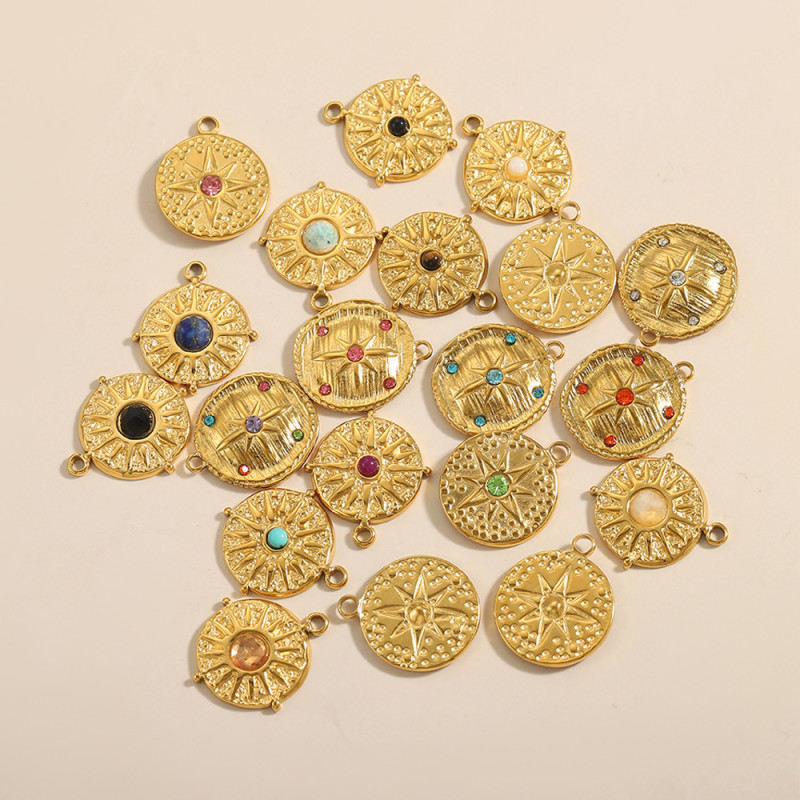 European and American Cross-Border Hot Selling French Tarot Card Round Pendant Micro Inlaid Zircon Personalized Stainless Steel DIY Accessories Wholesale