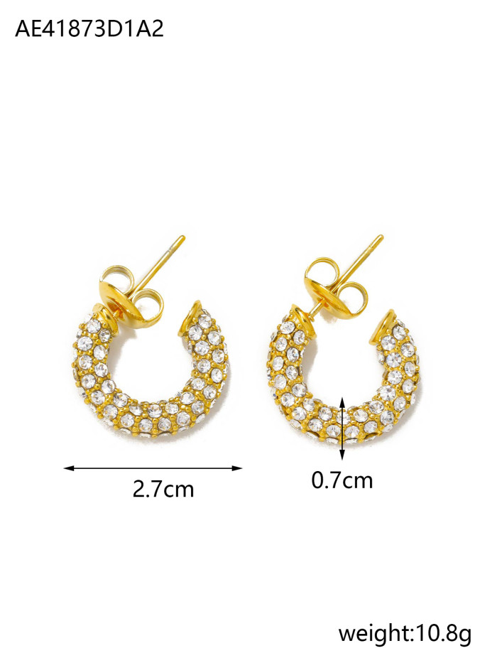 European and American Full Diamond C-Shaped Titanium Steel Earrings Ins Light Luxury Fashion 14K Gold Non-Fading Ear Clips Ear Jewelry Exquisite