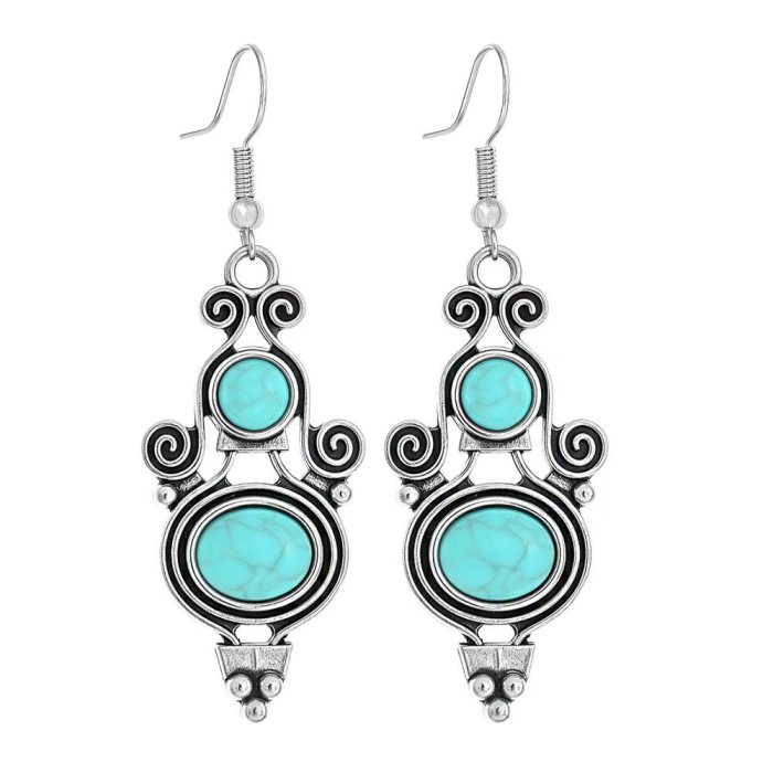 European and American Cross-Border Ethnic Style Earrings Silver Geometric Metal Turquoise Inlaid Tassel Earrings Amazon Ear Jewelry
